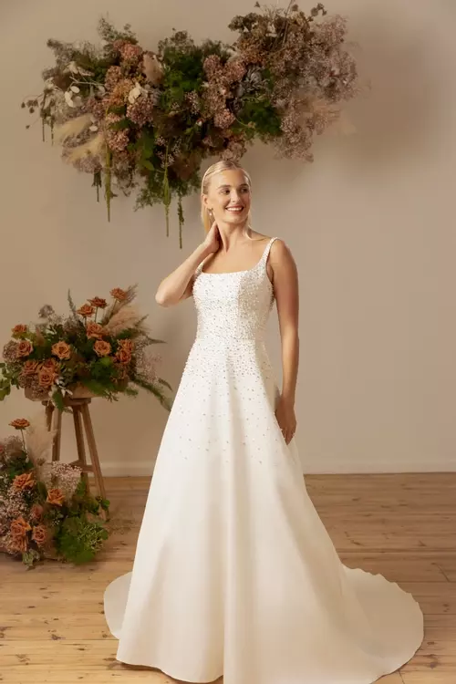 Mallory Square Neck A Line Dress with Pearl and Silver Beading True Bride